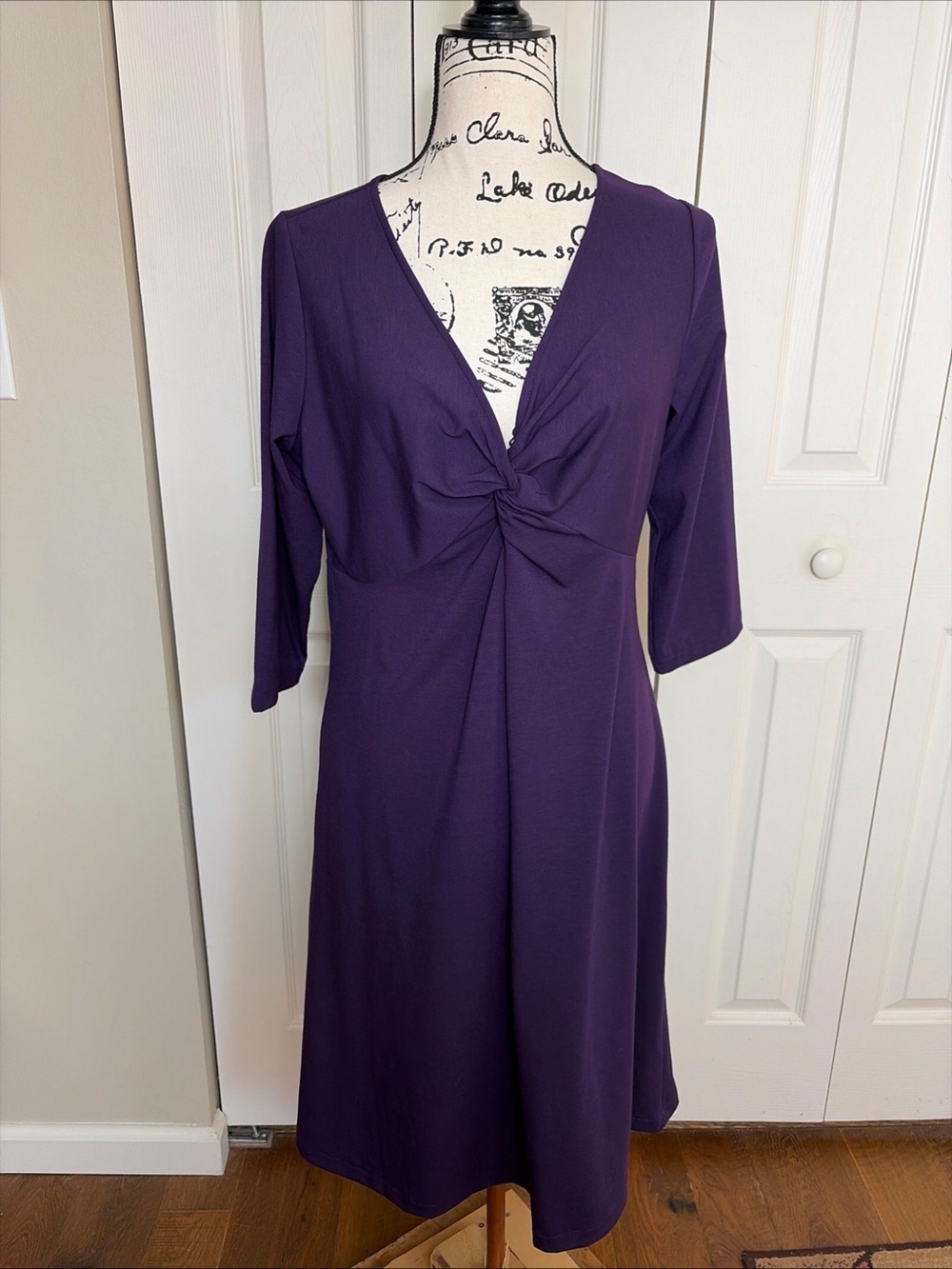 Eddie Bauer Purple Cotton Blend Dress Twist Front 3/4 Sleeve V Neck size Lg